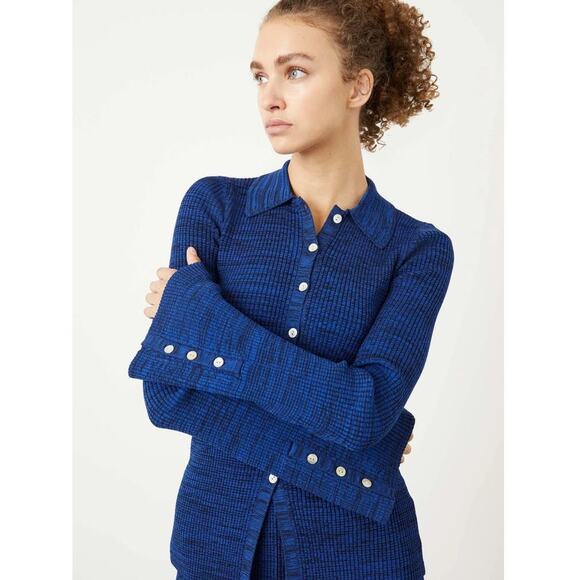 Le Ore Rimini Space Dyed Collared Ribbed Knit Cardigan Sz 1X Blue Black - Picture 1 of 7